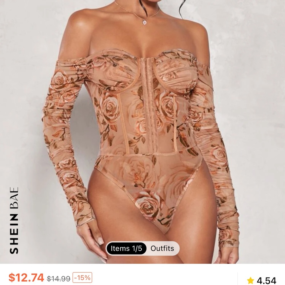 Shein Bae Floral Print Off Shoulder Mesh Bodysuit